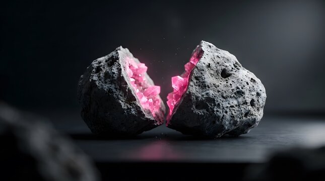 Rough, split rock reveals glowing pink crystal geode interior against dark, mysterious background.
