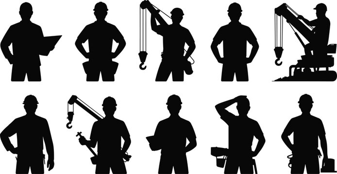 Construction worker silhouettes, industrial labor, hard hat safety, blueprint holding, crane operator, tool belt, teamwork, building site, engineering, industry