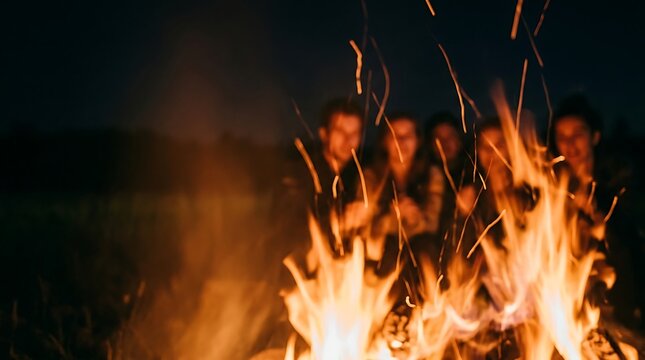 Group of friends gathering around a warm campfire at night