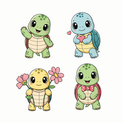 Fototapeta premium The Cutest Baby Turtle Characters Ever Waving Hello and Holding a Beautiful Blooming Flower