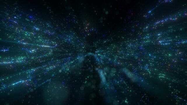 Blue Green Particle Warp Speed Tunnel with Glowing Energy Flow and Cosmic Abstract Background Animation in 4K 60 FPS