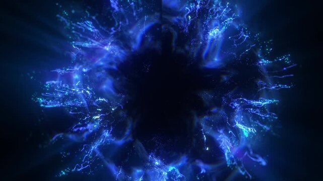 Blue Plasma Ring with Electric Energy Vortex and Glowing Particle Explosion on Black Abstract Background Animation in 4K 60 FPS