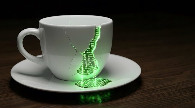 Cracked coffee cup spilling binary code.