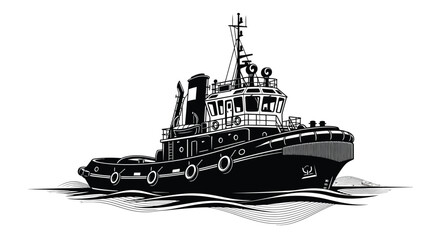 Tugboat Silhouette On Water Black And White Graphic Style Silhouette © Digonto