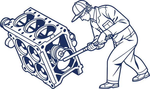 Mechanic in hard hat repairing an internal combustion engine block