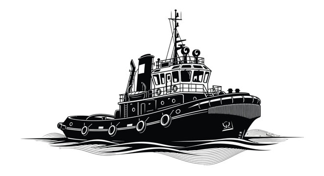 Tugboat Silhouette On Water Black And White Graphic Style Silhouette