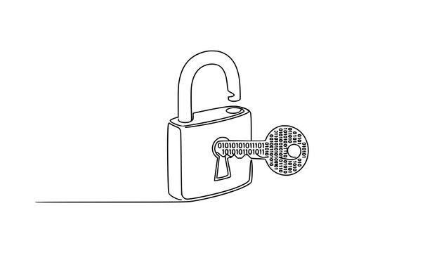 Continuous line drawing of padlock and key with binary code data encryption and cyber security concept