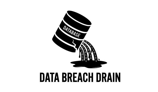 Data breach drain vector concept, broken database leaking binary code liquid cyber crime and information leakage icon