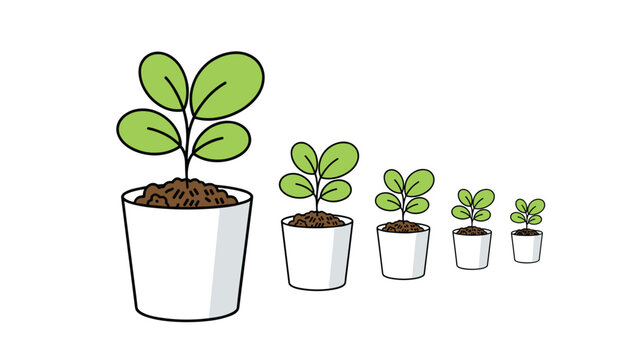 Potted green plants arranged in a row with decreasing sizes from large to small in white ceramic pots on a plain white background.