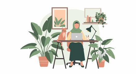Fototapeta premium Muslim Woman in Hijab Working from Home on Laptop in Cozy Office with Cat and Plants Flat Illustration