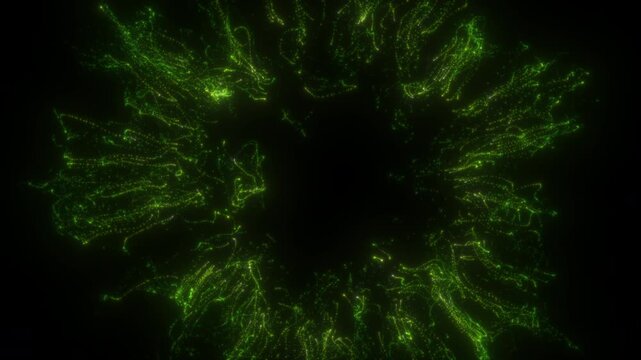 Abstract Green Particle Halo with Flowing Fiber Optic Lines and Radiant Energy Ring on Dark Background Animation in 4K 60 FPS