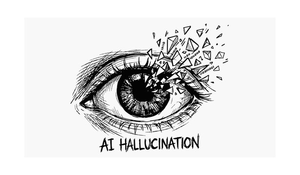 AI hallucination vector concept, realistic human eye shattering into geometric particles and binary code abstract hand drawn illustration