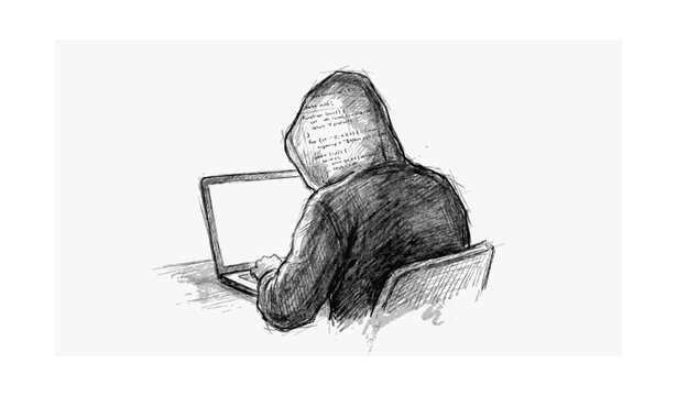 Hacker in hoodie typing on laptop sketch vector concept, anonymous cyber criminal coding or stealing data online