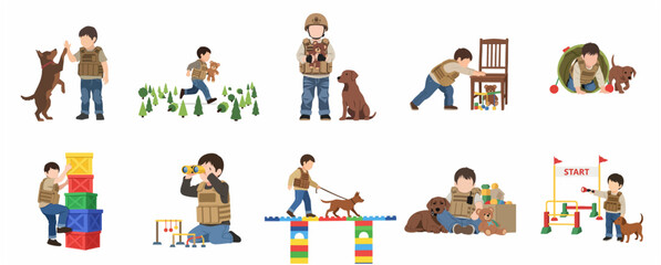 Fototapeta premium Little Boy in Tactical Vest Playing Soldier with Dog and Toys Vector Illustration Set