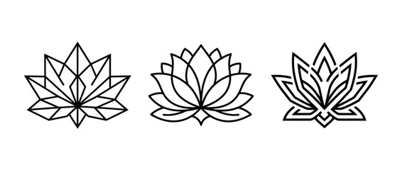 Fototapeta premium Three minimalist lotus flower line drawings in a horizontal row