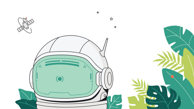 Futuristic astronaut helmet with a glowing green visor positioned near lush tropical foliage and a satellite orbiting in the starry sky for a space exploration and nature fusion concept.