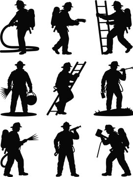 Firefighter silhouettes, emergency response, fire rescue, hose handling, ladder climbing, axe carrying, safety gear, firefighting tools, heroic action, profession
