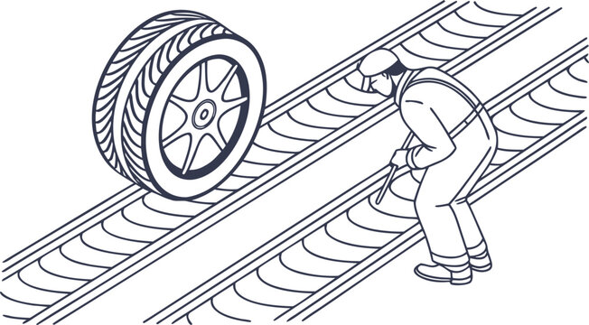 Isometric line of mechanic inspecting car tire tread pattern