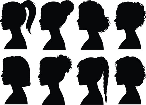 Hairstyle silhouettes collection, female head profiles vector, ponytail bun braid curly short hair posture illustration, beauty artwork design, diverse hair artwork