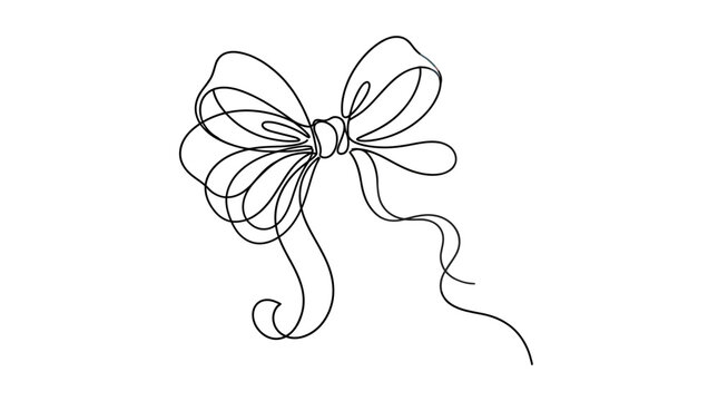 Elegant black line art bow illustration with flowing ribbons minimalist decorative design element