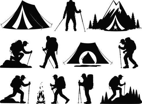 Hiking camping silhouettes collection, outdoor adventure vector, trekking posture illustration, mountain tent campfire artwork design, climbing exploring nature wilderness artwork