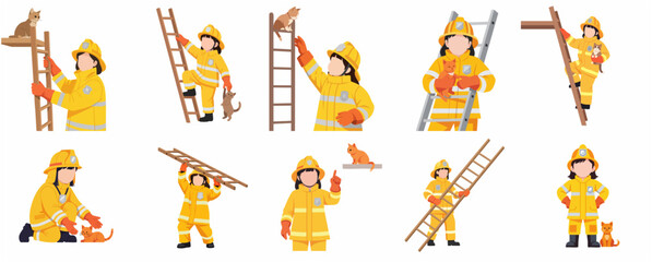Fototapeta premium Set of flat illustrations featuring a young girl firefighter character rescuing a cat with a ladder