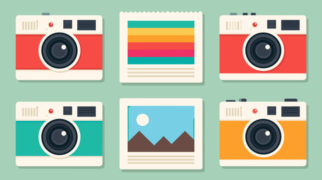 Colorful vintage cameras and photographs arranged creatively.