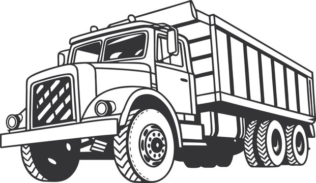 Black and white line of a heavy duty dump truck heavy vehicle
