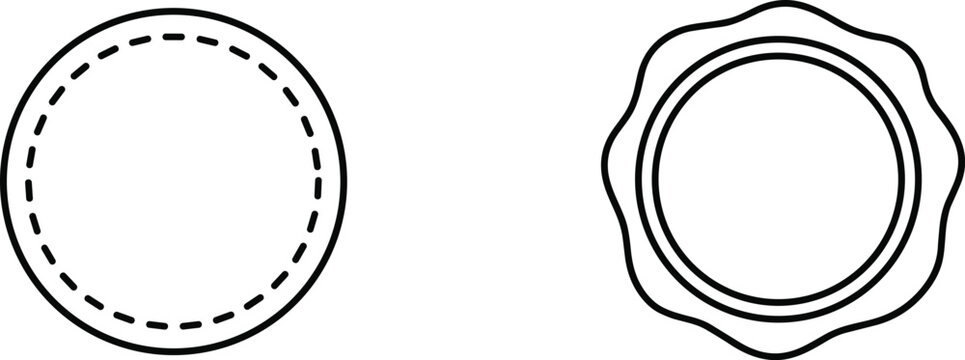 Blank round seal and badge template vector set featuring stitched circle border and wavy wax stamp elements for retro product packaging illustration