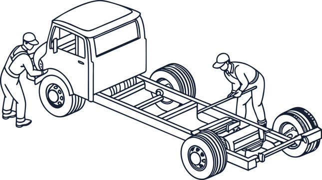 Isometric of mechanics assembling a truck chassis assembly