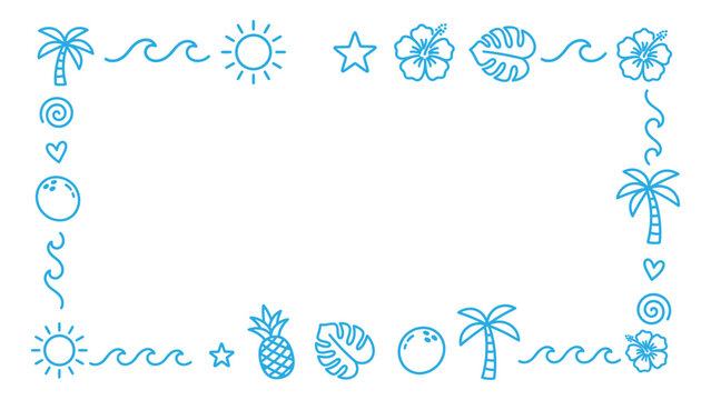 Blue line art tropical border vector with palm tree sun wave hibiscus flower and pineapple icons framing copy space