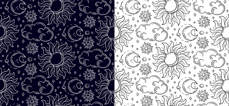 Hand drawn magical vintage pattern with sun and moon