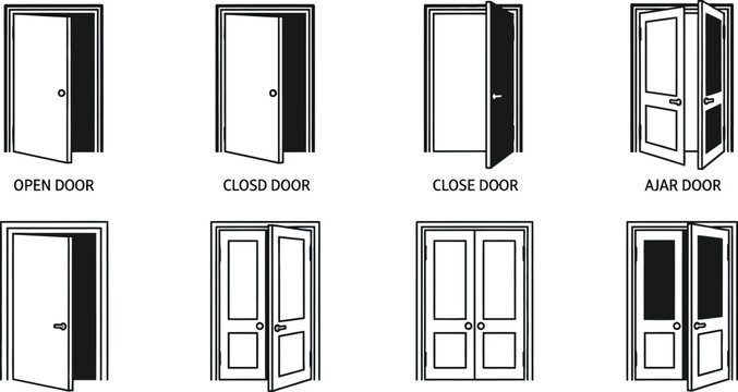 Door in various states, including open, closed, and ajar, single and double doors door states open door