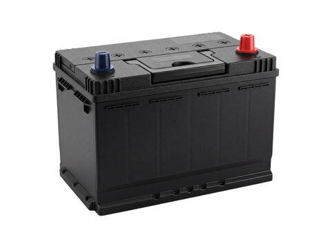 Black car battery with terminals, isolated on transparent background