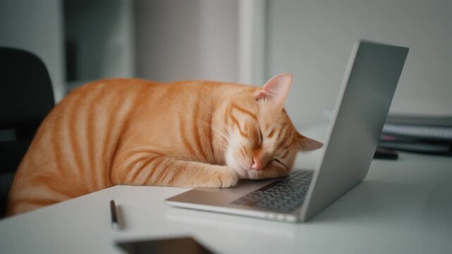 Tired Ginger Cat Sleeping Peacefully on a Laptop Keyboard in a Quiet Home Office Workspace Environment