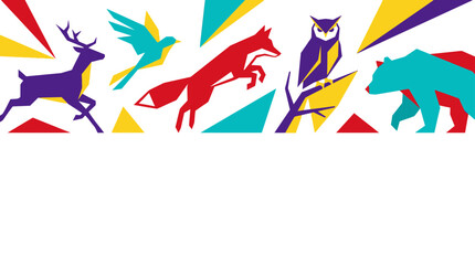 Fototapeta premium Colorful flat design graphic element set featuring diverse animals and geometric shapes