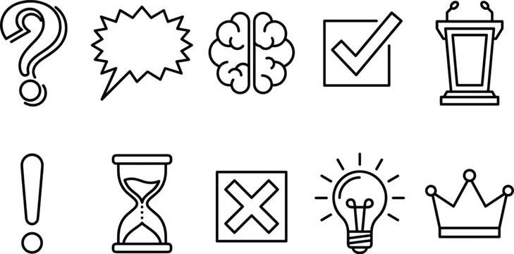 Business quiz and brainstorming line icon set featuring question mark, brain, checkmark, podium, hourglass, cross, lightbulb idea, and crown vector illustration