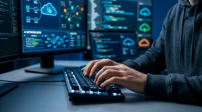 暗い部屋で複数のモニターに囲まれキーボードを叩くエンジニアの手元。サイバーセキュリティや開発のイメージ