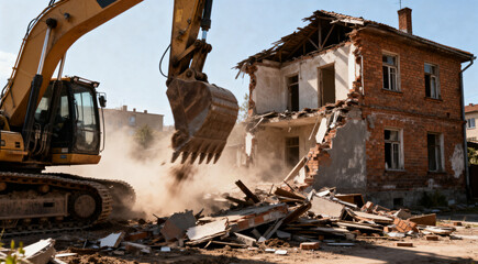 Fototapeta premium Excavator breaking down abandoned house for urban renewal project