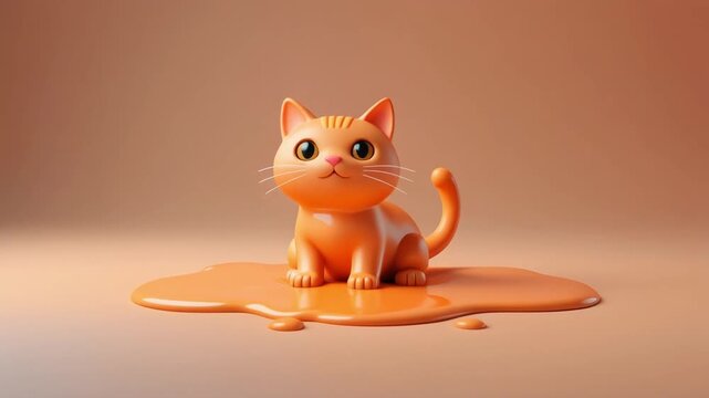 Adorable 3D Orange Kitten Sitting in a Puddle of Liquid Paint on a Smooth Minimalist Backdrop