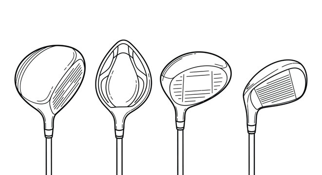 Set of golf club heads showing different angles and designs for professional players and enthusiasts including drivers irons for sports equipment and training.
