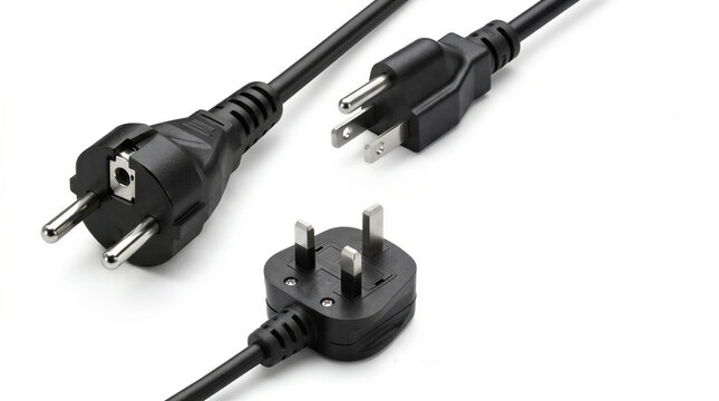 Three Different Types of International Power Plugs on White Background