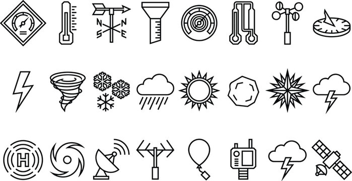 Weather forecast line icon set featuring thermometer, barometer, sun, rain cloud, tornado, lightning, radar, satellite, and meteorological instruments vector illustration