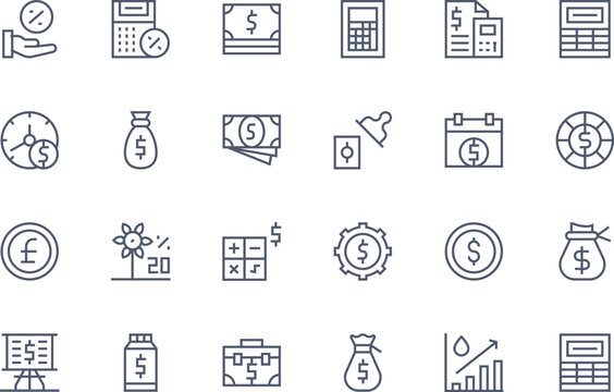 Black and white of money, bills, coins, credit cards, shopping bag, calculator, percentage, wallet, and banknote symbols
