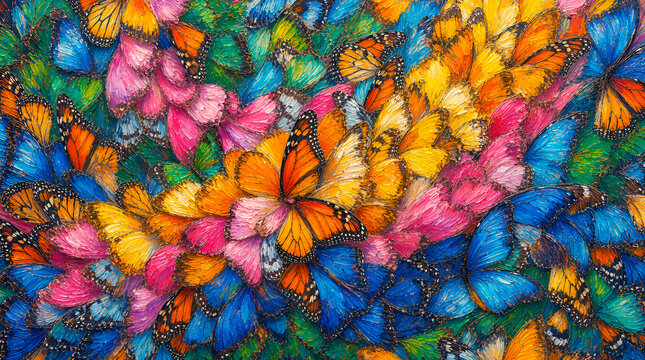 Abstract pattern, colorful butterfly and moth wings background, mosaic texture, vibrant color palette, nature-inspired art, creative design, insect wings collage.