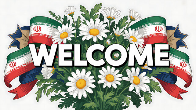 Welcome message with iranian flag ribbons and daisies flowers