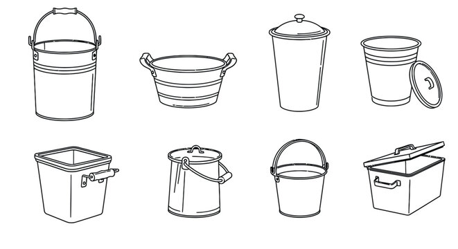 Vintage style metal container and pail collection including square buckets milk cans and lidded pots for farm storage and rustic kitchen supply organization.