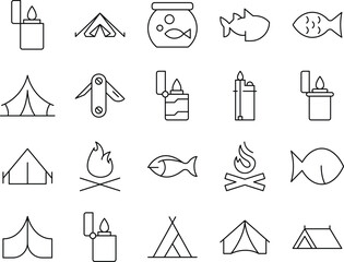 Fototapeta premium Minimalist black and white line of camping gear, outdoor activities, and wildlife symbols tent campfire
