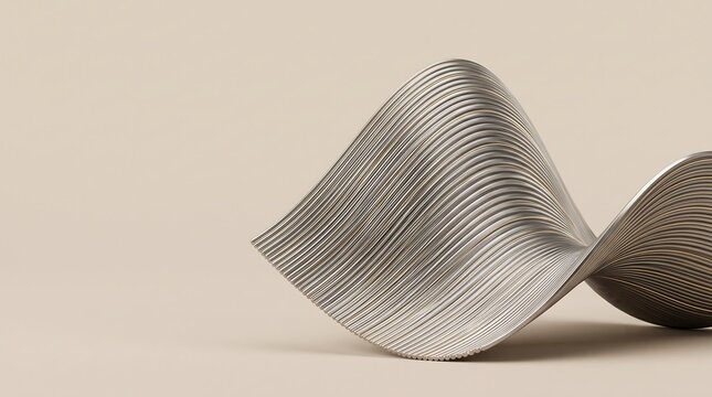Luxury abstract background featuring a 3D fluid wave made of finely grooved satin platinum metal lines. Minimalist elegant composition with left copy space over a clean beige studio backdrop.