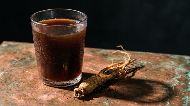 Dark herbal elixir in textured glass with oxidized copper reflections